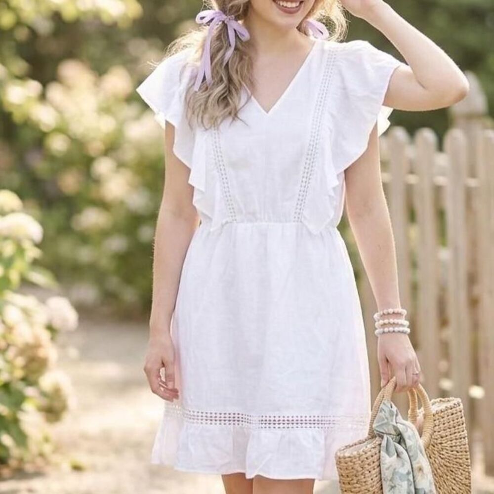 White Cottagecore Ruffle Mini Dress - Size M softgirl summer beachy